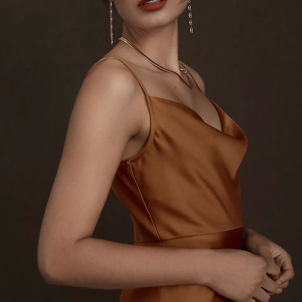 Bronze BHLDN Cali Satin Cowl-Neck Midi Slip Dress Size 8